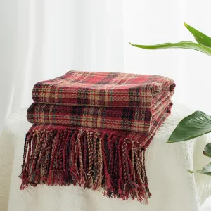 Chenille Plaid Throw Blanket for Couch with Tassels,50"X60" Soft Lightweight Knitted Boho Decorative Blankets for Bed and Sofa,Red