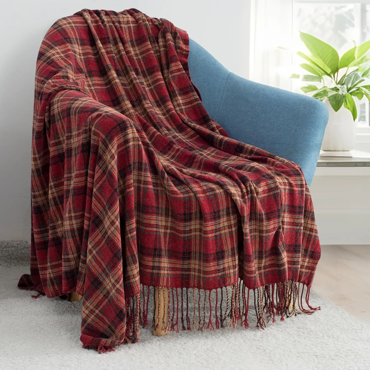Chenille Plaid Throw Blanket for Couch with Tassels,50"X60" Soft Lightweight Knitted Boho Decorative Blankets for Bed and Sofa,Red