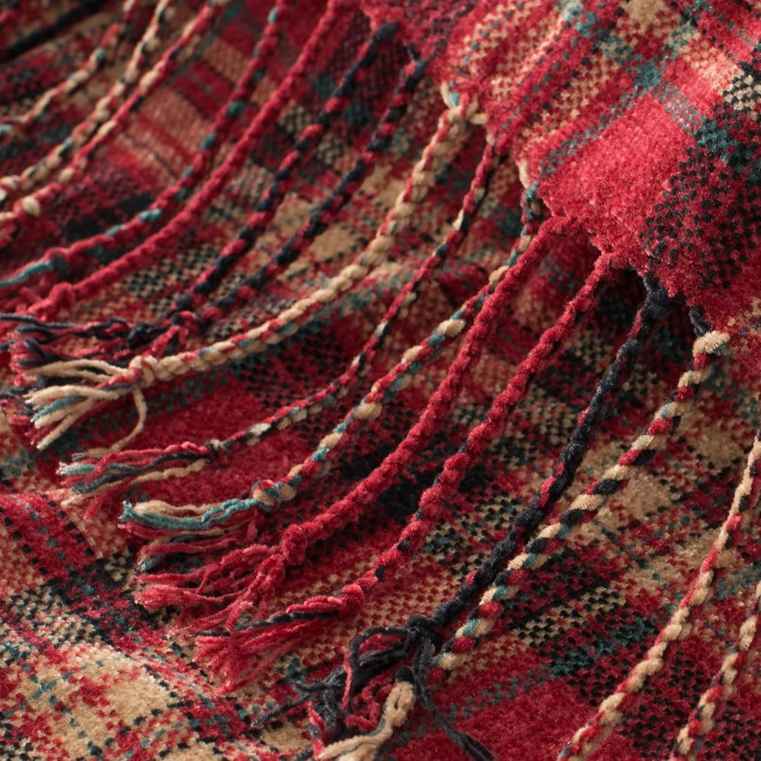 Chenille Plaid Throw Blanket for Couch with Tassels,50"X60" Soft Lightweight Knitted Boho Decorative Blankets for Bed and Sofa,Red
