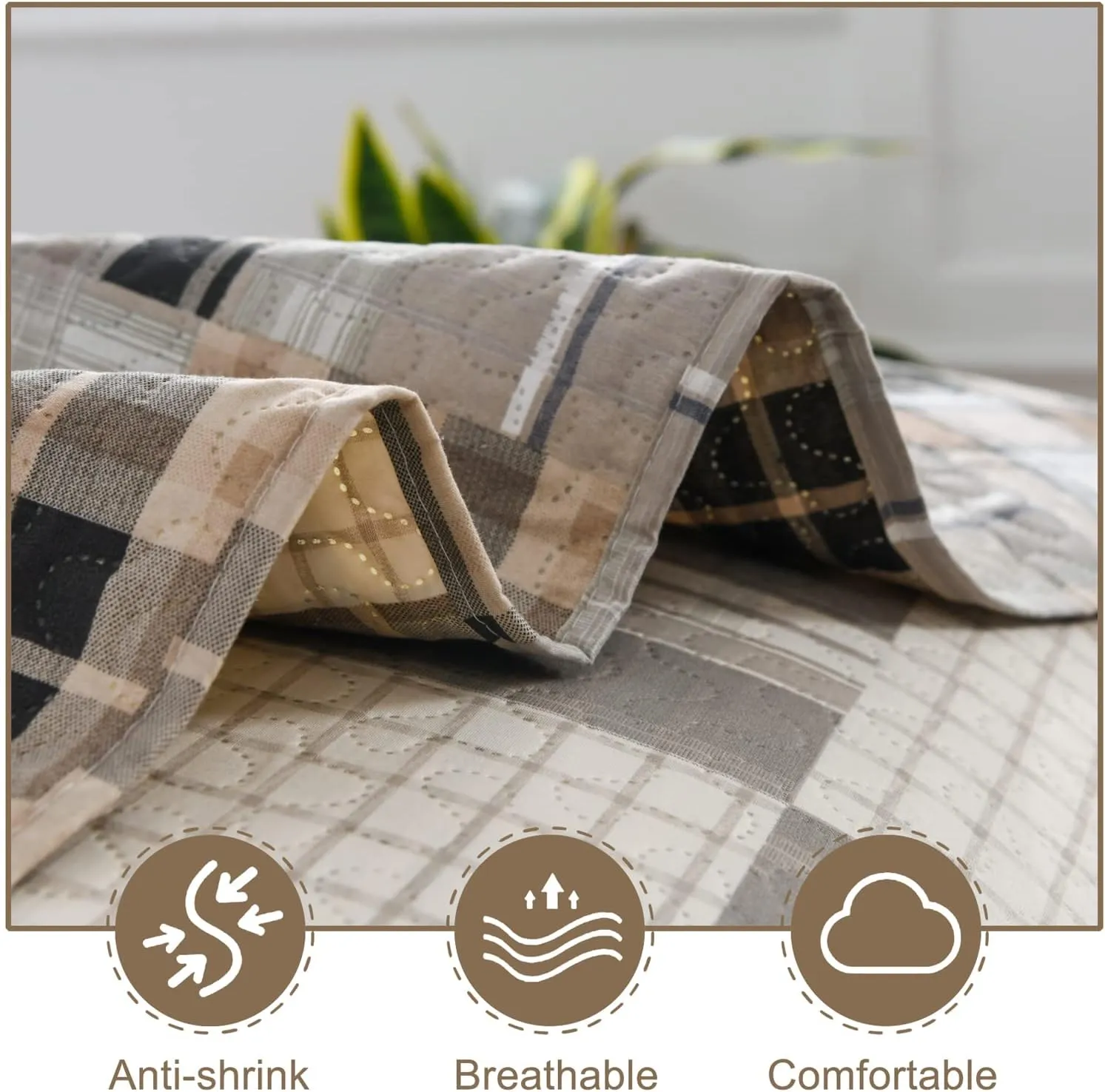 CHESITY 3-Piece Brown Plaid Bedspread Sets Quilts Queen Size Sets Plaid Quilts Bedding Sets Reversible Lightweight Stripe Coverlet Grid Bedding Patchwork Soft Quilt for Bed (90" x 90")