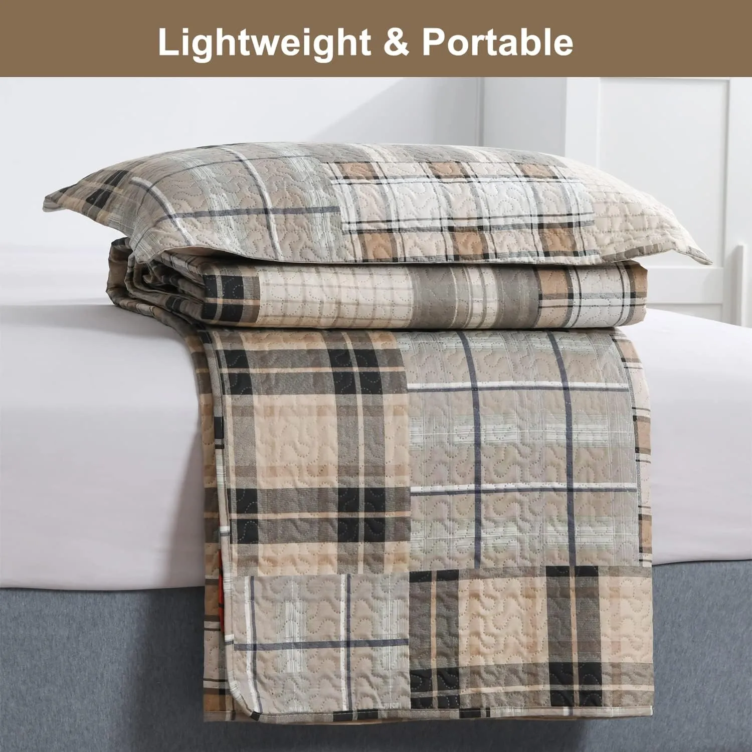CHESITY 3-Piece Brown Plaid Bedspread Sets Quilts Queen Size Sets Plaid Quilts Bedding Sets Reversible Lightweight Stripe Coverlet Grid Bedding Patchwork Soft Quilt for Bed (90" x 90")
