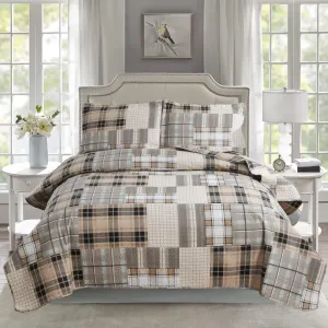 CHESITY 3-Piece Brown Plaid Bedspread Sets Quilts Queen Size Sets Plaid Quilts Bedding Sets Reversible Lightweight Stripe Coverlet Grid Bedding Patchwork Soft Quilt for Bed (90" x 90")