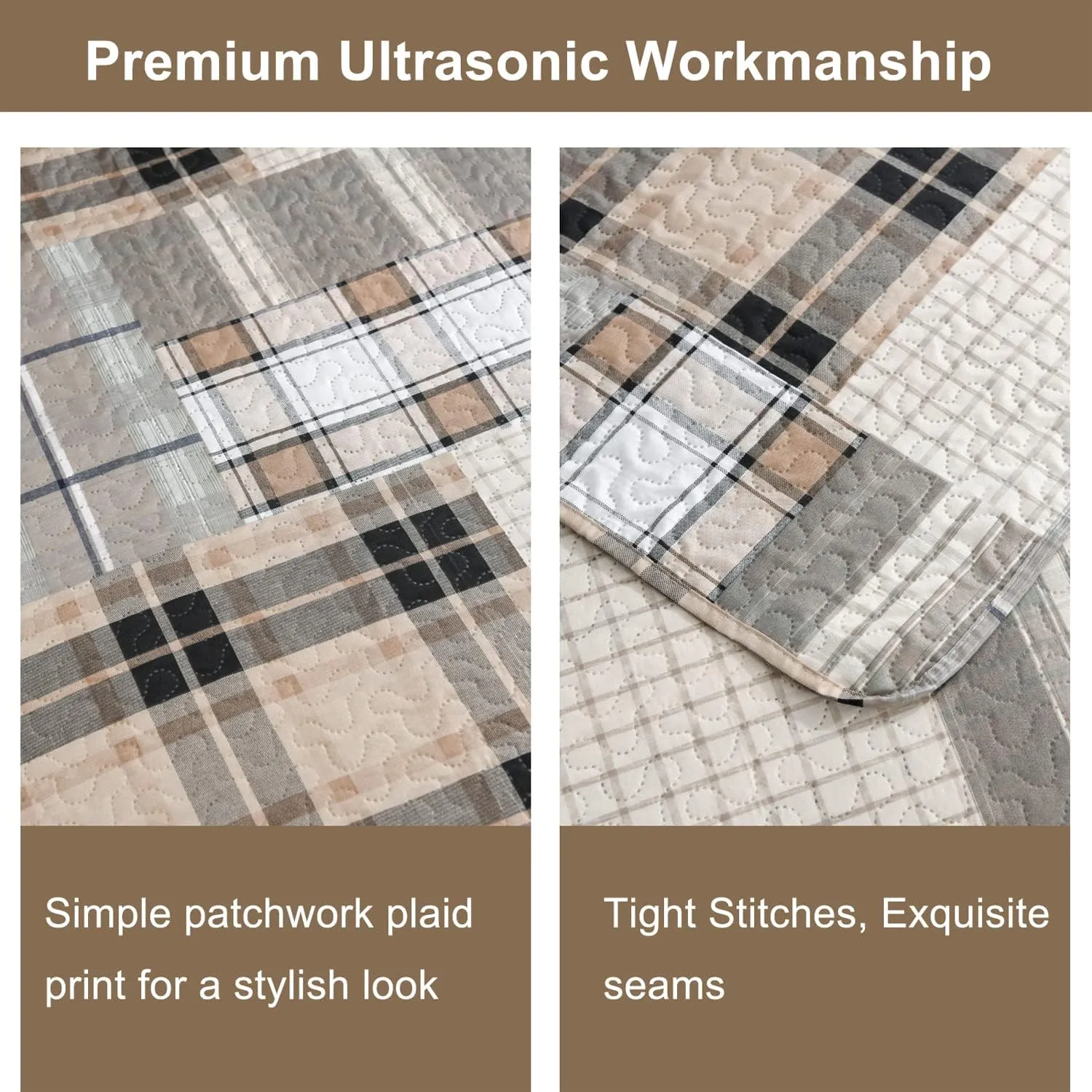 CHESITY 3-Piece Brown Plaid Bedspread Sets Quilts Queen Size Sets Plaid Quilts Bedding Sets Reversible Lightweight Stripe Coverlet Grid Bedding Patchwork Soft Quilt for Bed (90" x 90")