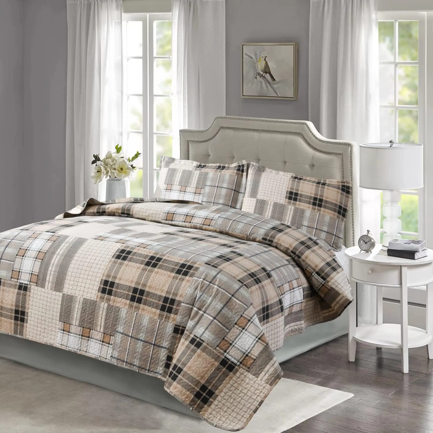 CHESITY 3-Piece Brown Plaid Bedspread Sets Quilts Queen Size Sets Plaid Quilts Bedding Sets Reversible Lightweight Stripe Coverlet Grid Bedding Patchwork Soft Quilt for Bed (90" x 90")