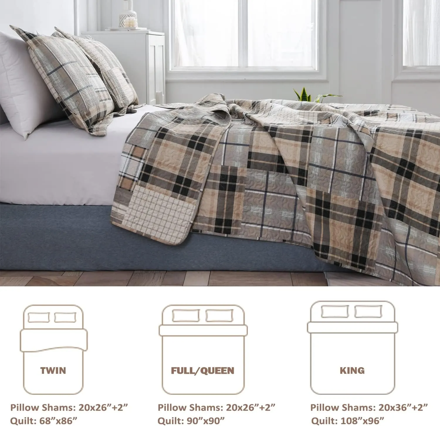 CHESITY 3-Piece Brown Plaid Bedspread Sets Quilts Queen Size Sets Plaid Quilts Bedding Sets Reversible Lightweight Stripe Coverlet Grid Bedding Patchwork Soft Quilt for Bed (90" x 90")