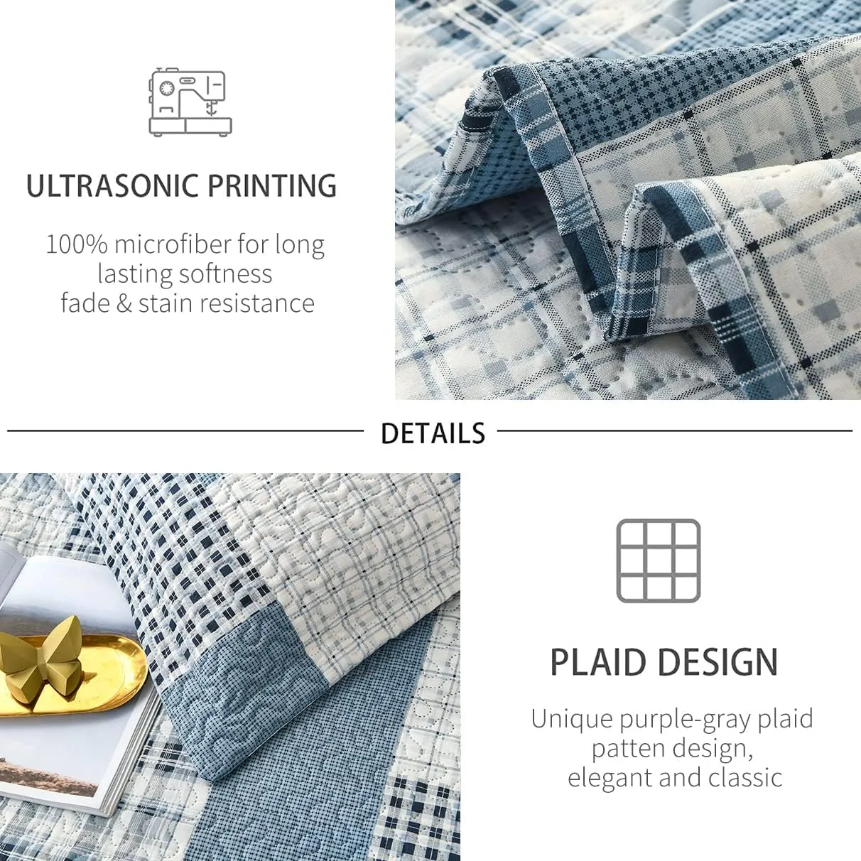 CHESITY 3 Piece Plaid Quilt Set Queen Size Country Patchwork Bedding Quilt Lightweight Reversible Bedspread Coverlet with Sham Soft All Season Bed Coverlet Set, 1 Quilt 2 Pillow Shams