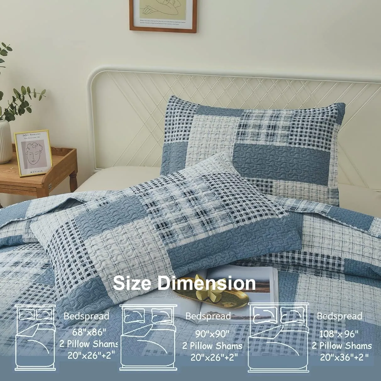 CHESITY 3 Piece Plaid Quilt Set Queen Size Country Patchwork Bedding Quilt Lightweight Reversible Bedspread Coverlet with Sham Soft All Season Bed Coverlet Set, 1 Quilt 2 Pillow Shams