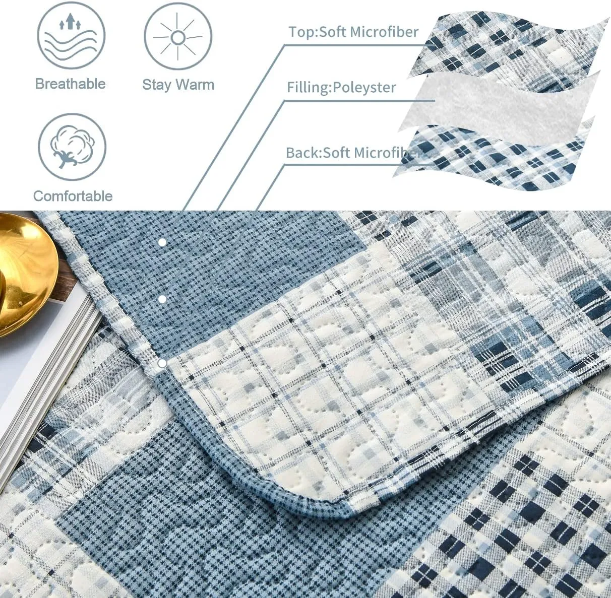 CHESITY 3 Piece Plaid Quilt Set Queen Size Country Patchwork Bedding Quilt Lightweight Reversible Bedspread Coverlet with Sham Soft All Season Bed Coverlet Set, 1 Quilt 2 Pillow Shams