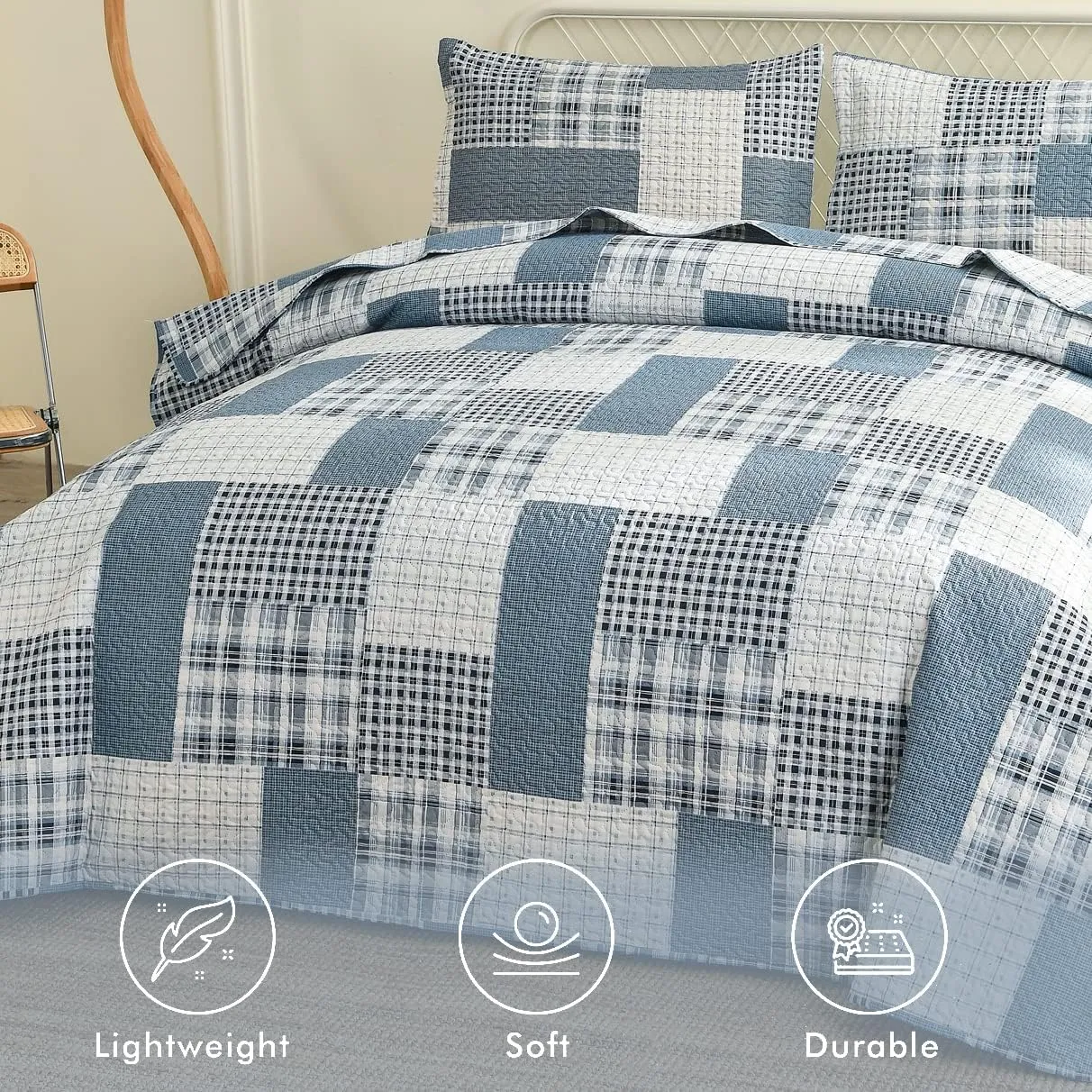 CHESITY 3 Piece Plaid Quilt Set Queen Size Country Patchwork Bedding Quilt Lightweight Reversible Bedspread Coverlet with Sham Soft All Season Bed Coverlet Set, 1 Quilt 2 Pillow Shams