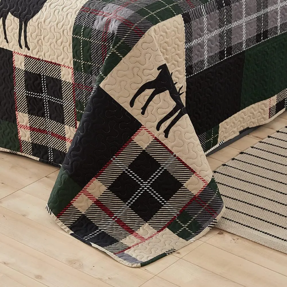 CHESITY Lodge Quilt Set Full/Queen Size, Rustic Cabin Bedding Set Black Deer Bedspreads Coverlet Reversible Animal Printed Bedcover Wildlife Dark Green Beige Plaid Bed Cover Country Decor(90"x 90")