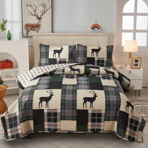 CHESITY Lodge Quilt Set Full/Queen Size, Rustic Cabin Bedding Set Black Deer Bedspreads Coverlet Reversible Animal Printed Bedcover Wildlife Dark Green Beige Plaid Bed Cover Country Decor(90"x 90")