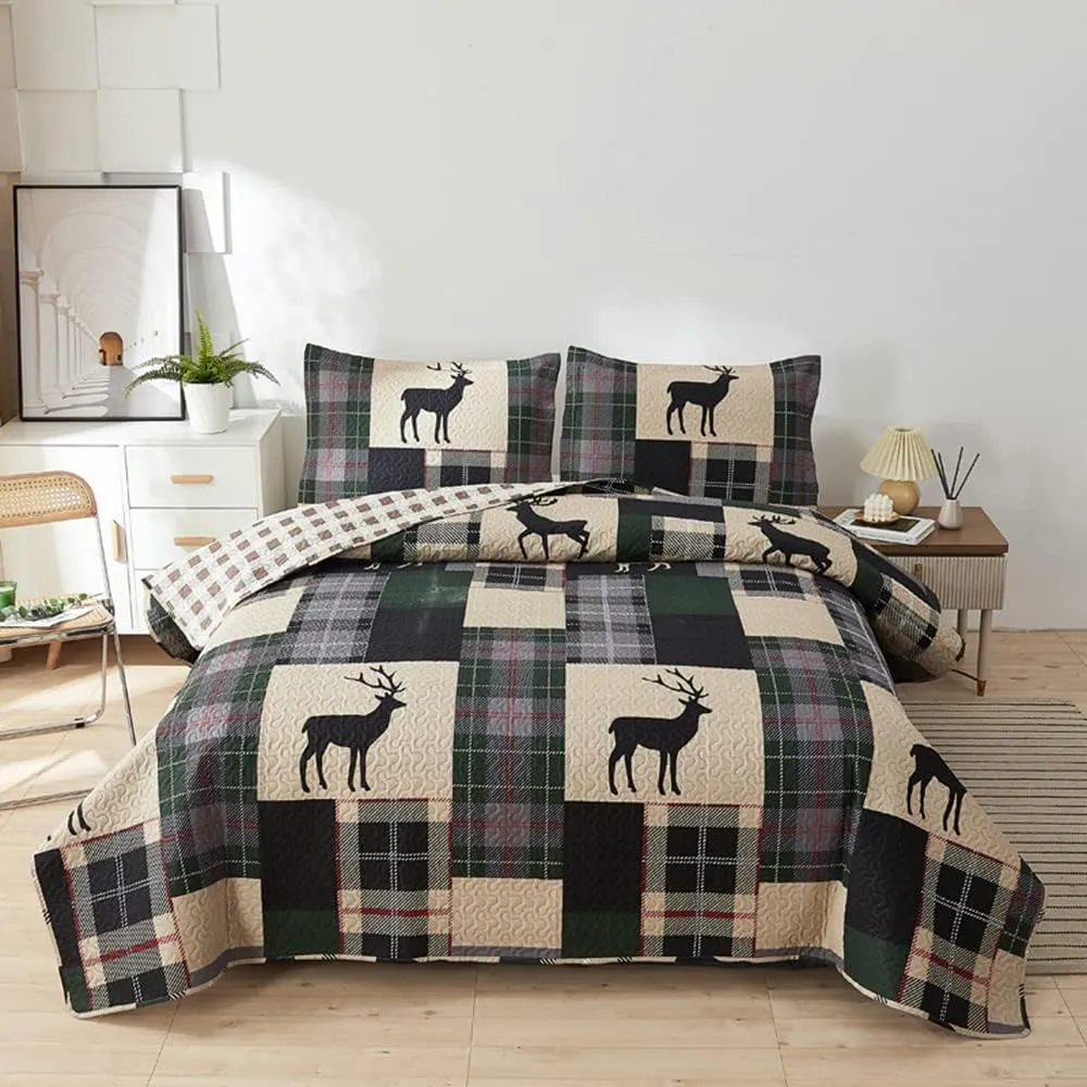 CHESITY Lodge Quilt Set Full/Queen Size, Rustic Cabin Bedding Set Black Deer Bedspreads Coverlet Reversible Animal Printed Bedcover Wildlife Dark Green Beige Plaid Bed Cover Country Decor(90"x 90")