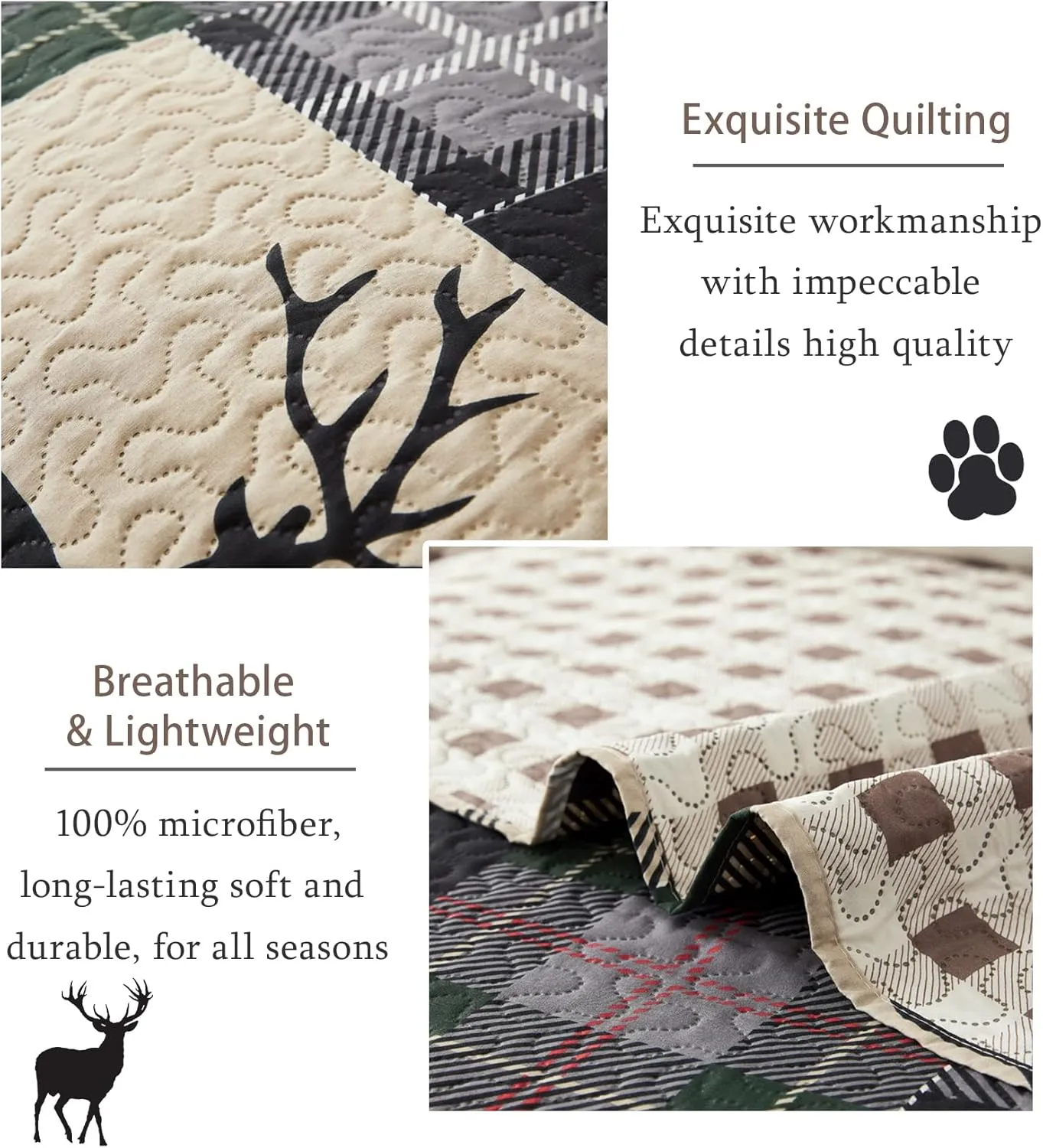 CHESITY Lodge Quilt Set Full/Queen Size, Rustic Cabin Bedding Set Black Deer Bedspreads Coverlet Reversible Animal Printed Bedcover Wildlife Dark Green Beige Plaid Bed Cover Country Decor(90"x 90")
