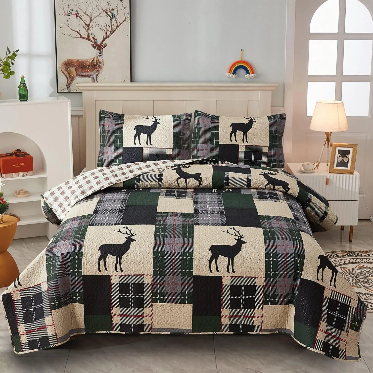 CHESITY Lodge Quilt Set Full/Queen Size, Rustic Cabin Bedding Set Black Deer Bedspreads Coverlet Reversible Animal Printed Bedcover Wildlife Dark Green Beige Plaid Bed Cover Country Decor(90"x 90")