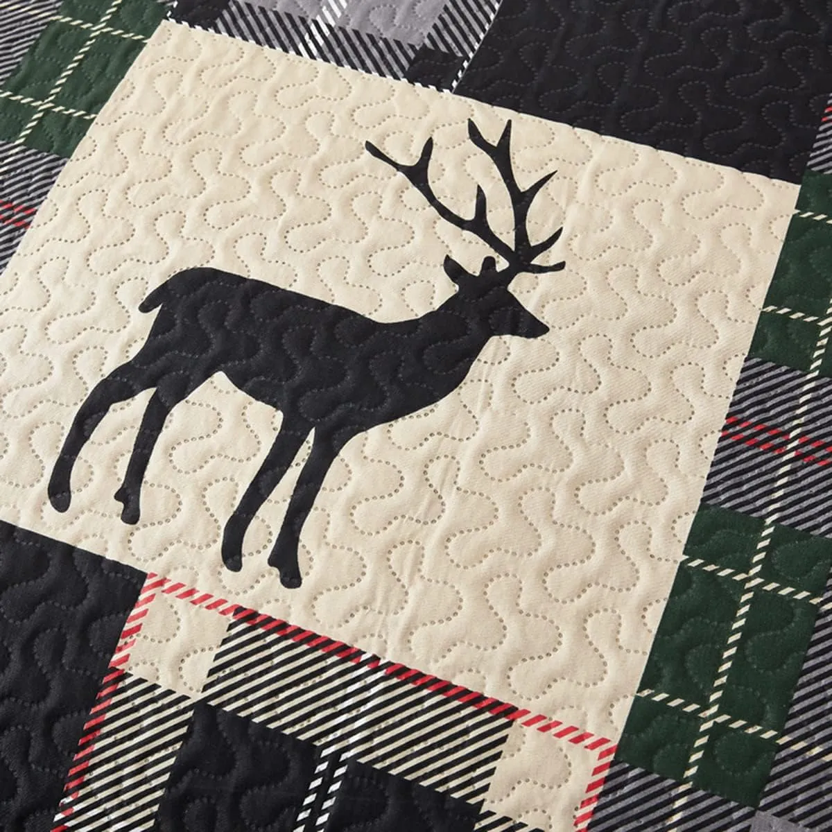 CHESITY Lodge Quilt Set Full/Queen Size, Rustic Cabin Bedding Set Black Deer Bedspreads Coverlet Reversible Animal Printed Bedcover Wildlife Dark Green Beige Plaid Bed Cover Country Decor(90"x 90")