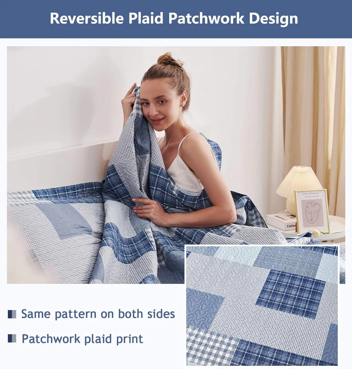 CHESITY Plaid Quilt Set Twin Size 3-Piece Navy Blue Plaid Bedding Sets Reversible Lightweight Stripe Quilt Grid Coverlet Bedspread Patchwork Soft Quilt for Bed (68" x 86")
