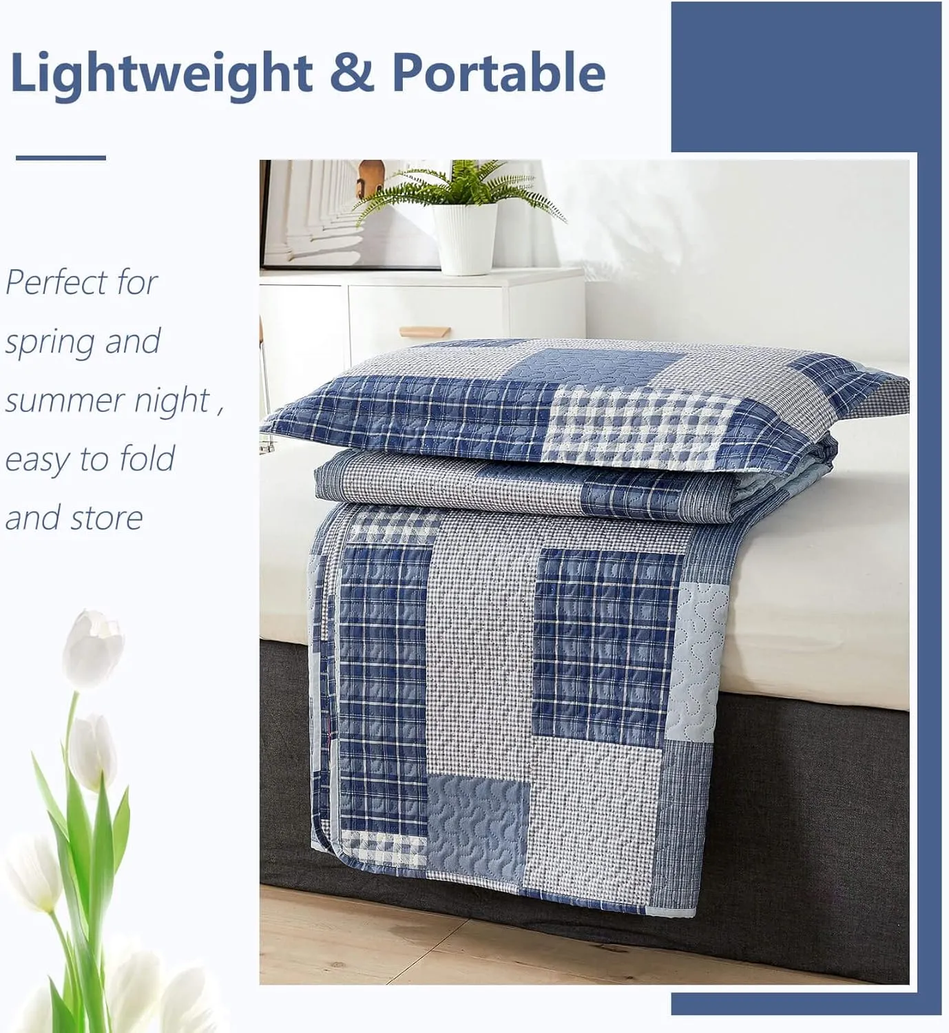 CHESITY Plaid Quilt Set Twin Size 3-Piece Navy Blue Plaid Bedding Sets Reversible Lightweight Stripe Quilt Grid Coverlet Bedspread Patchwork Soft Quilt for Bed (68" x 86")