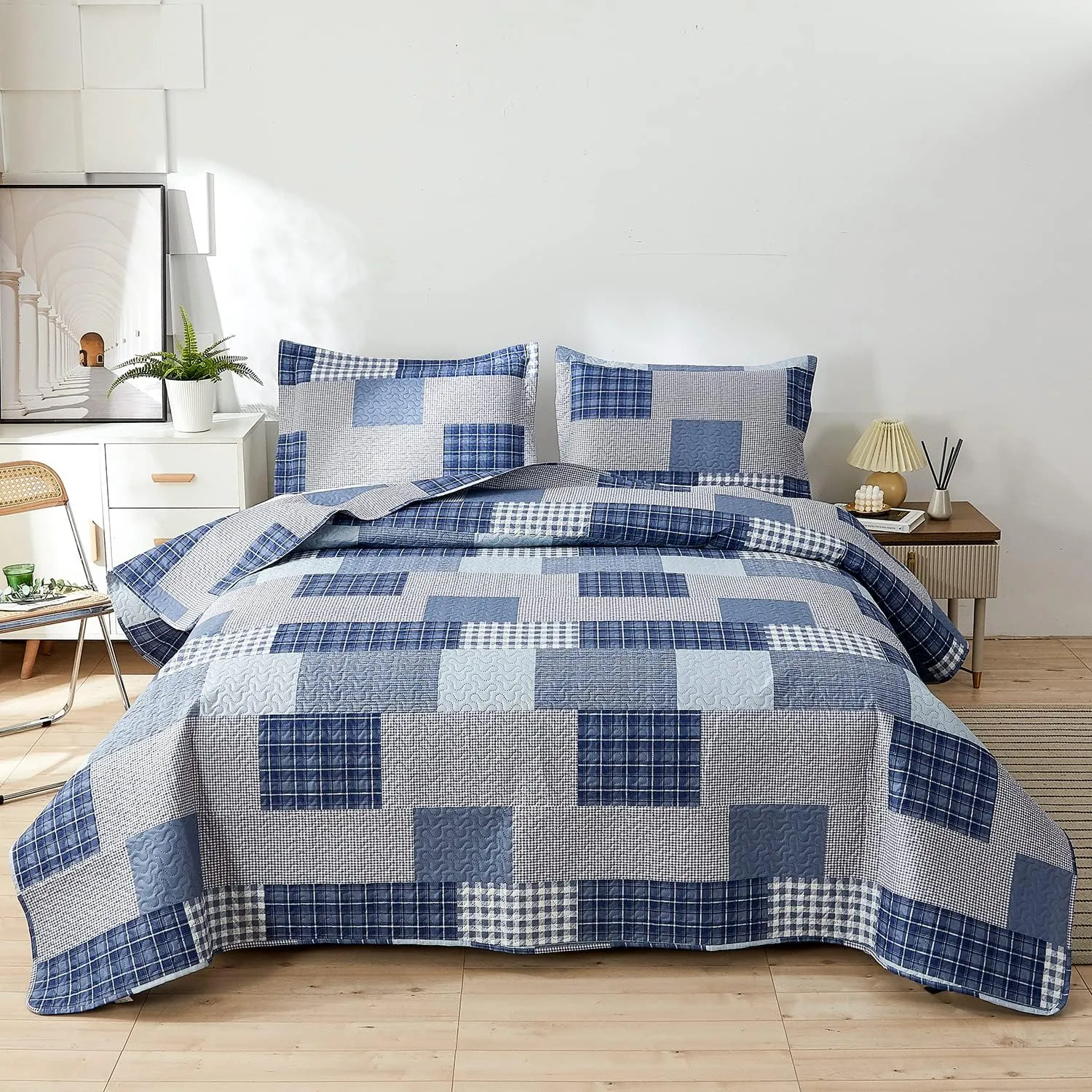 CHESITY Plaid Quilt Set Twin Size 3-Piece Navy Blue Plaid Bedding Sets Reversible Lightweight Stripe Quilt Grid Coverlet Bedspread Patchwork Soft Quilt for Bed (68" x 86")