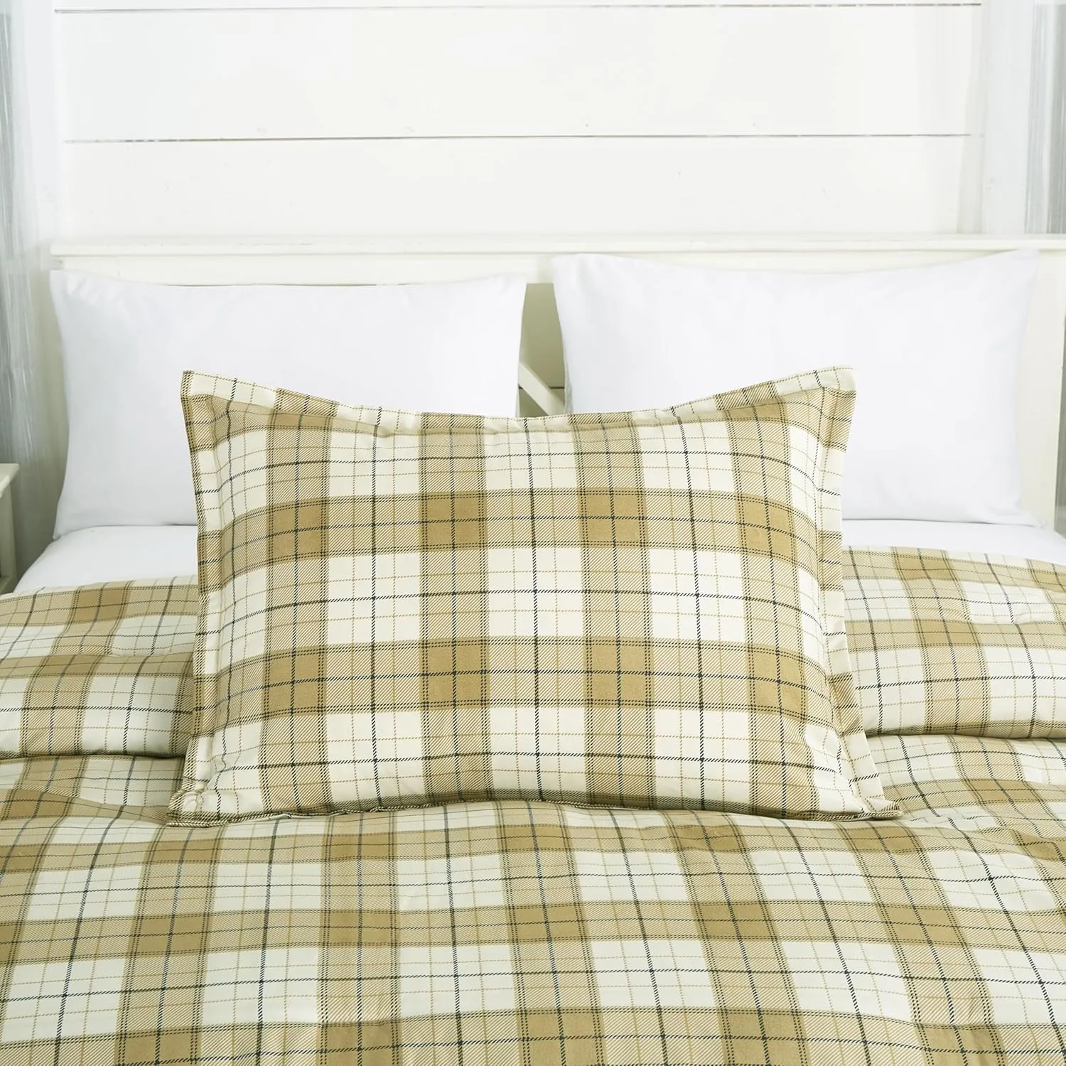 Chezmoi Collection 3-Piece Plaid Comforter Set Full Size - Tan Beige Blue Plaid Stripe Printed Microfiber Bedding Lightweight Breathable Blanket for All Season