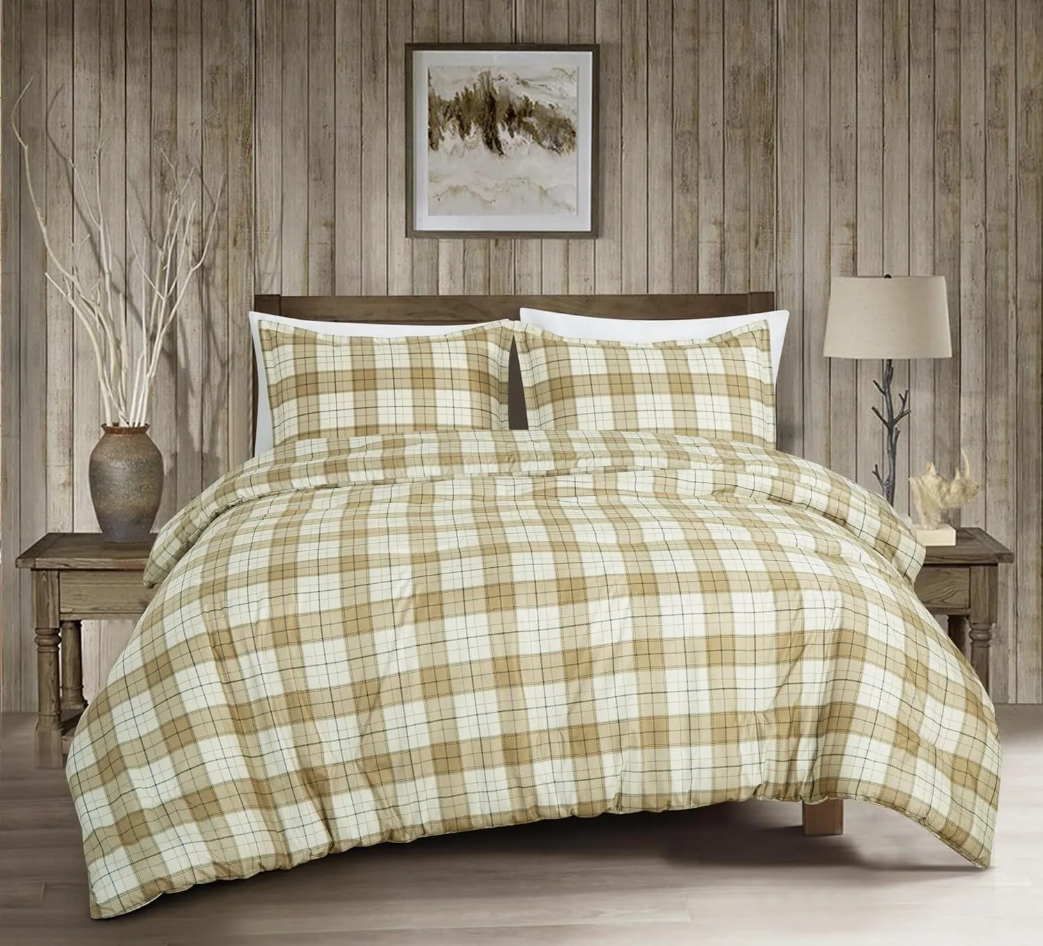 Chezmoi Collection 3-Piece Plaid Comforter Set Full Size - Tan Beige Blue Plaid Stripe Printed Microfiber Bedding Lightweight Breathable Blanket for All Season