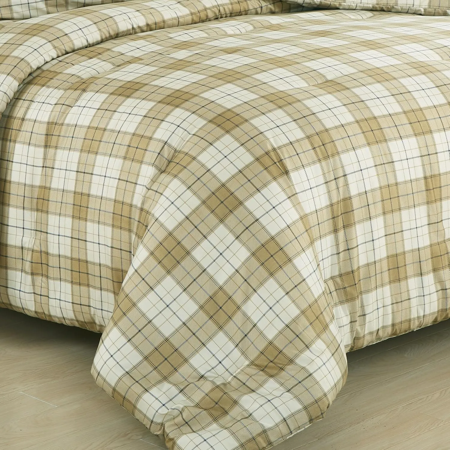 Chezmoi Collection 3-Piece Plaid Comforter Set Full Size - Tan Beige Blue Plaid Stripe Printed Microfiber Bedding Lightweight Breathable Blanket for All Season