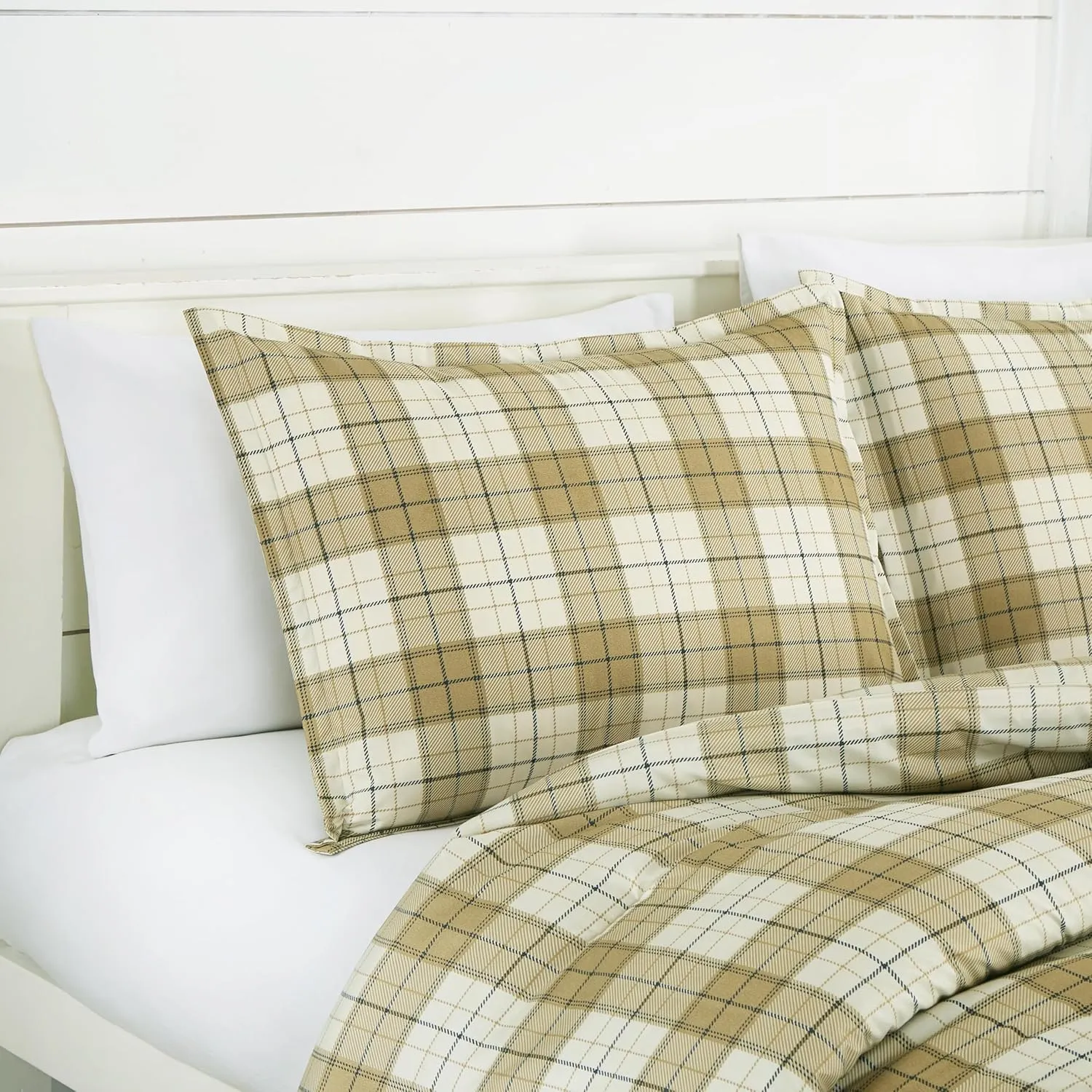 Chezmoi Collection 3-Piece Plaid Comforter Set Full Size - Tan Beige Blue Plaid Stripe Printed Microfiber Bedding Lightweight Breathable Blanket for All Season