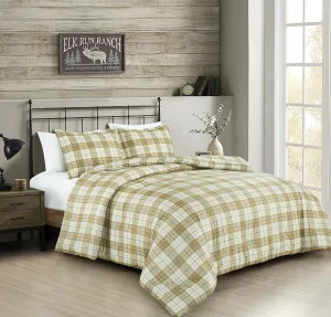 Chezmoi Collection 3-Piece Plaid Comforter Set Full Size - Tan Beige Blue Plaid Stripe Printed Microfiber Bedding Lightweight Breathable Blanket for All Season