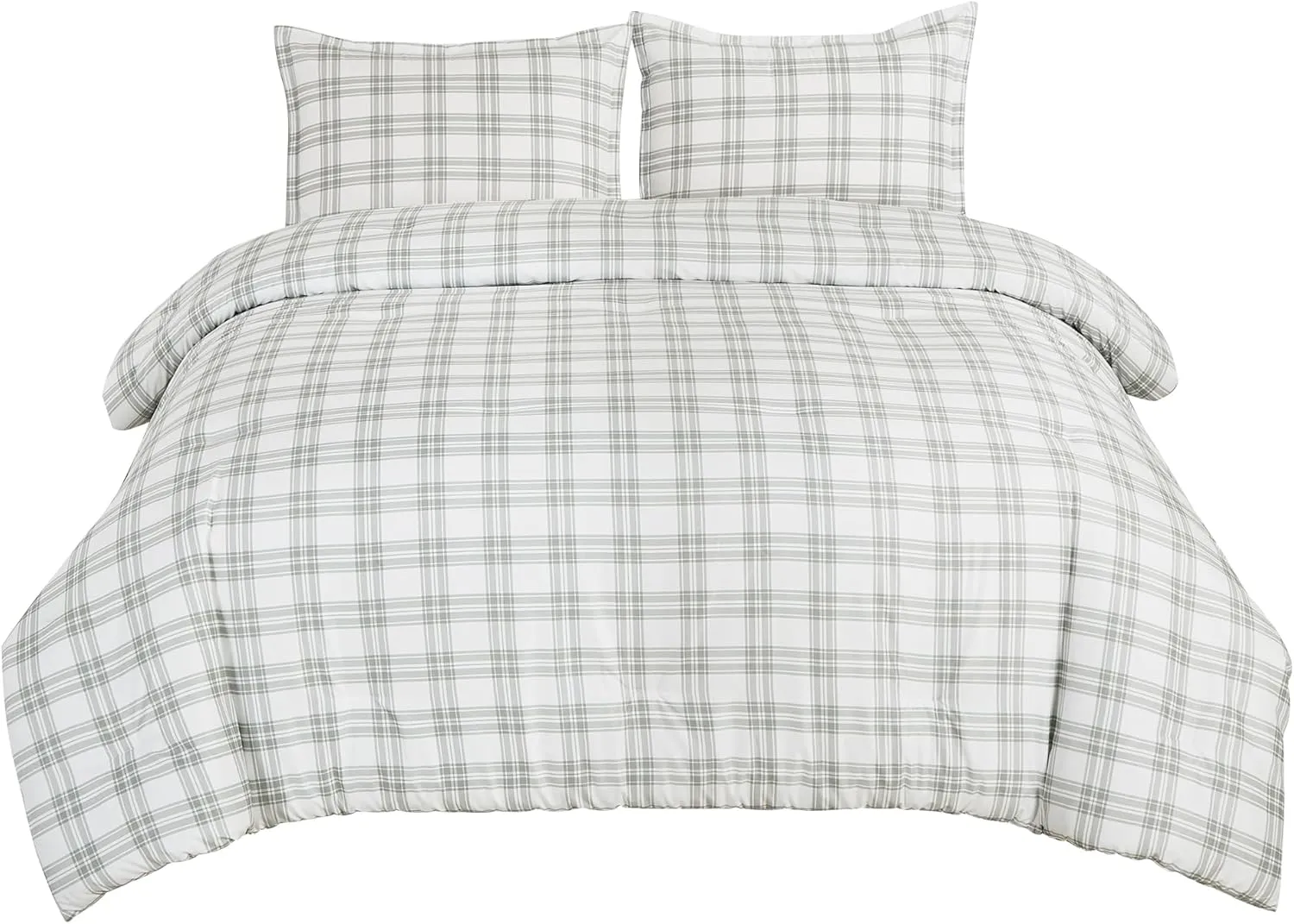 Chezmoi Collection 3-Piece Plaid Comforter Set Queen Size - Gray White Plaid Stripe Printed Microfiber Bedding Lightweight Breathable Blanket for All Season
