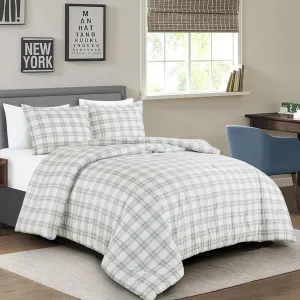 Chezmoi Collection 3-Piece Plaid Comforter Set Queen Size - Gray White Plaid Stripe Printed Microfiber Bedding Lightweight Breathable Blanket for All Season