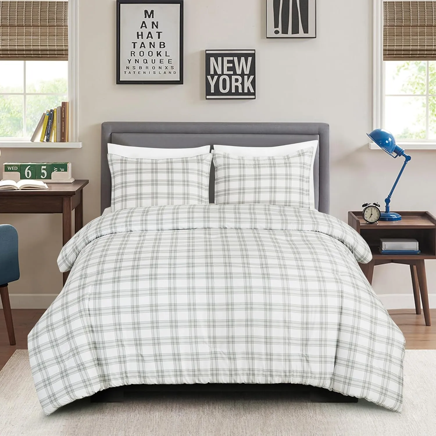 Chezmoi Collection 3-Piece Plaid Comforter Set Queen Size - Gray White Plaid Stripe Printed Microfiber Bedding Lightweight Breathable Blanket for All Season