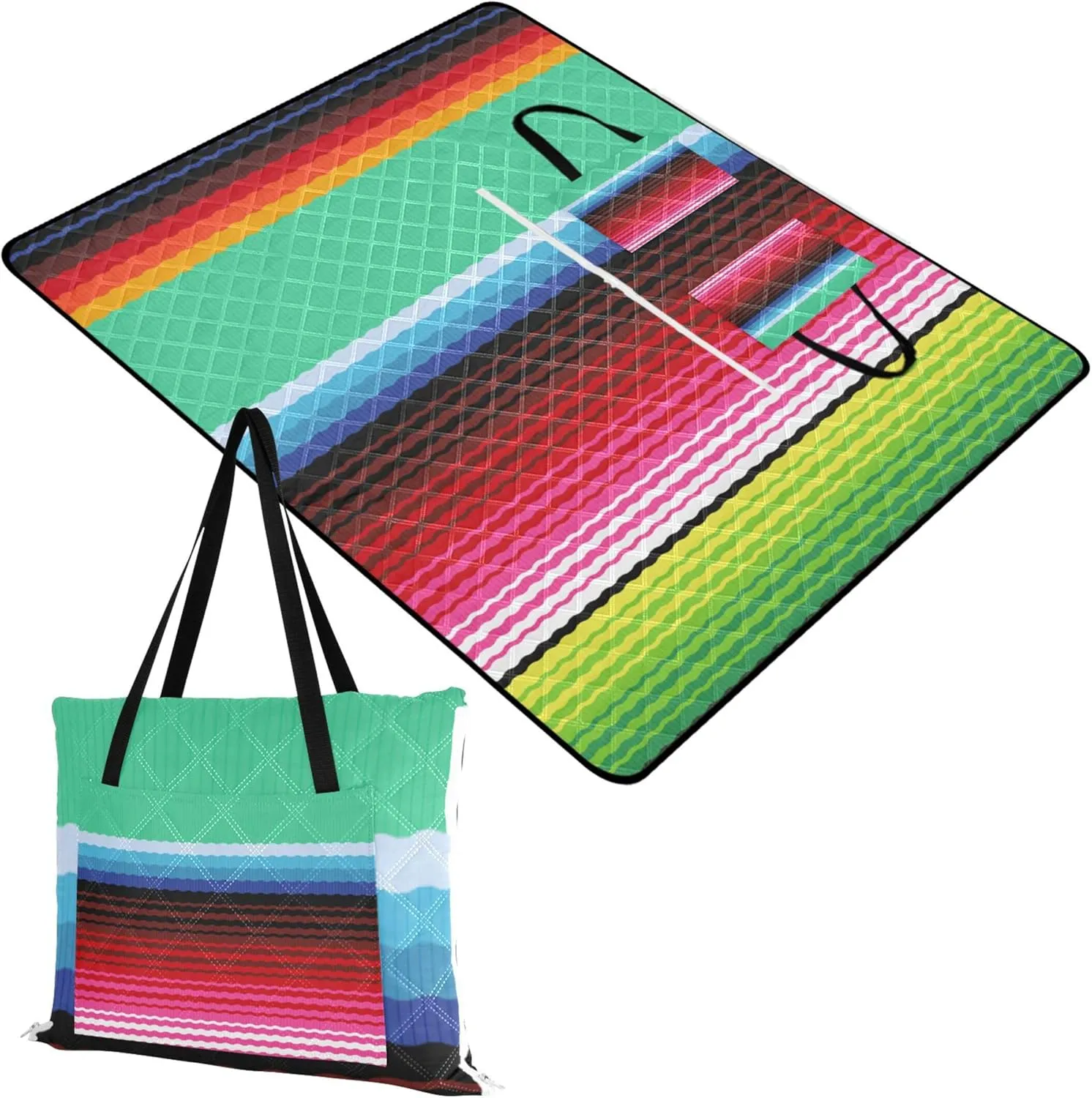 CHIFIGNO Mexican Serape Stripe Green Sandproof Beach Blanket Waterproof Cute Picnic Essentials Foldable Outdoor Camping Grass Mat 80" x 60"