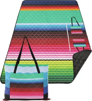 CHIFIGNO Mexican Serape Stripe Green Sandproof Beach Blanket Waterproof Cute Picnic Essentials Foldable Outdoor Camping Grass Mat 80" x 60"