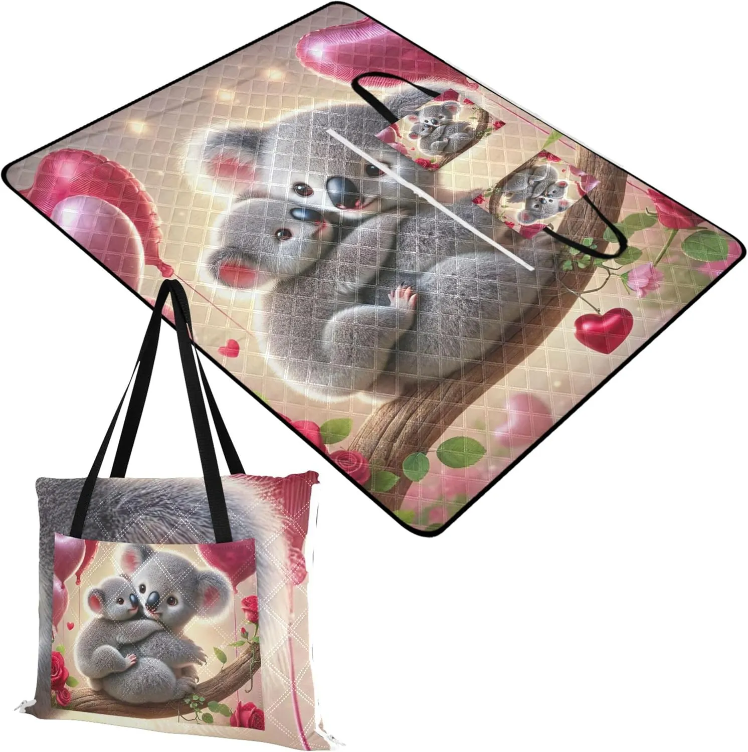 CHIFIGNO Sweet Koala Hug Valentine Beach Mat Sand Free Waterproof Cute Picnic Mat Foldable Grass Blankets for Outdoors 118" x 80"