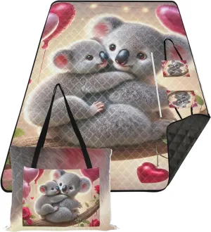 CHIFIGNO Sweet Koala Hug Valentine Beach Mat Sand Free Waterproof Cute Picnic Mat Foldable Grass Blankets for Outdoors 118" x 80"