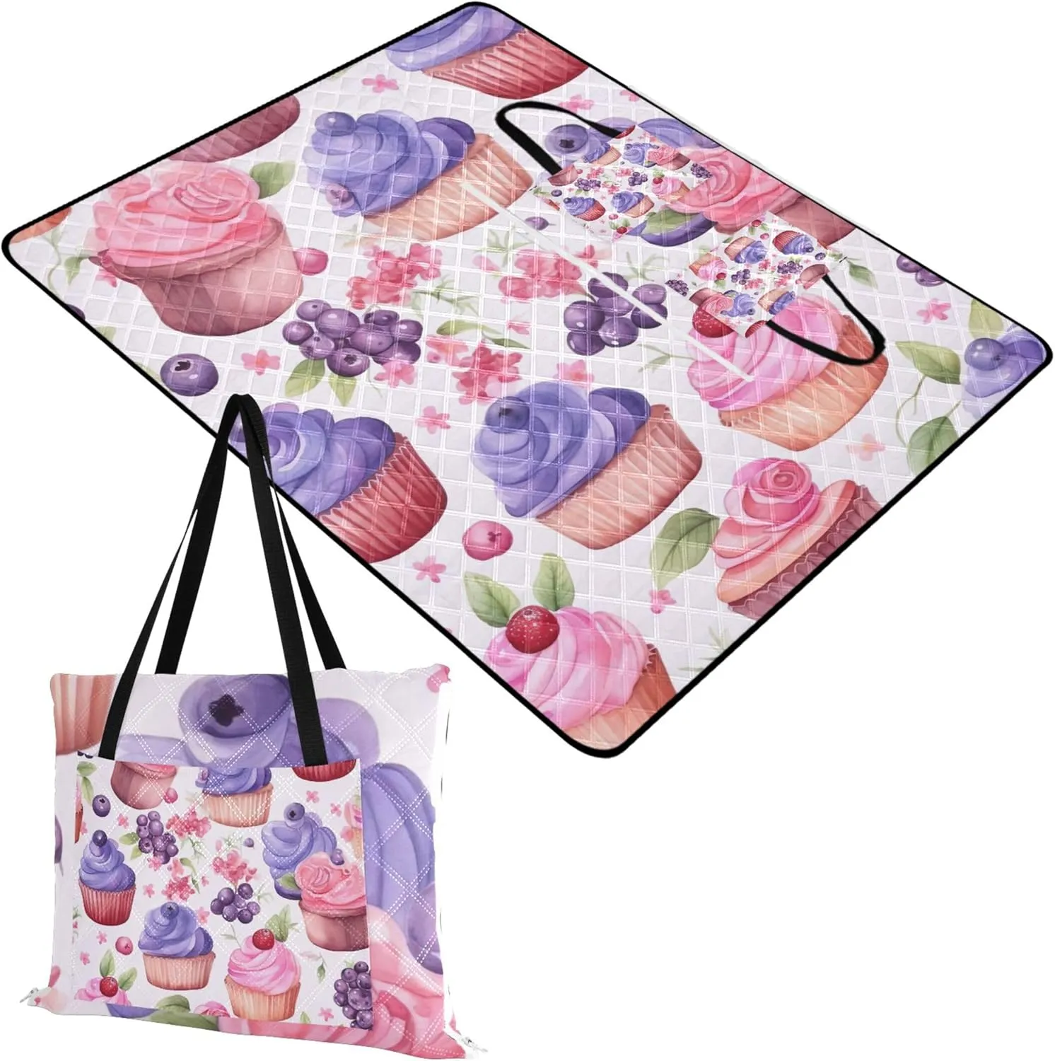 CHIFIGNO Watercolor Cupcakes Berries Beach Blanket Sandproof Waterproof, Outdoor Play Mat for Grass Foldable Picnic Blankets Large, 80" x 60"