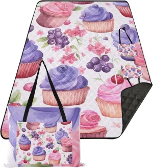 CHIFIGNO Watercolor Cupcakes Berries Beach Blanket Sandproof Waterproof, Outdoor Play Mat for Grass Foldable Picnic Blankets Large, 80" x 60"