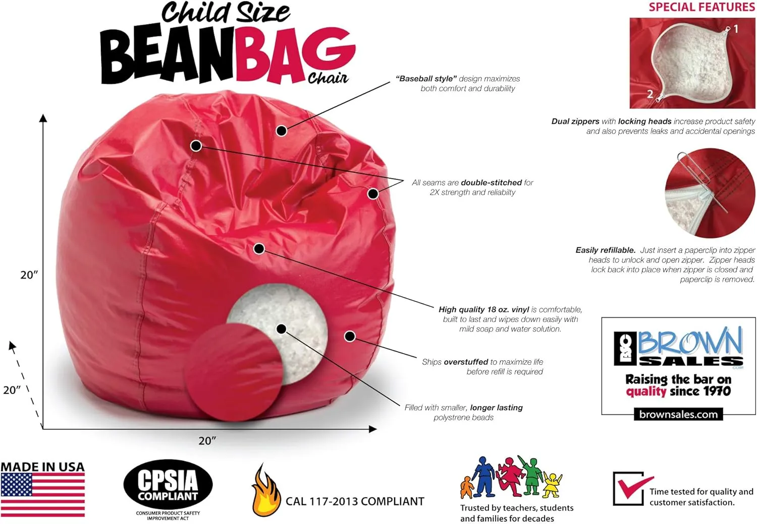 Child Bean Bag Chairs by Better American Products - Kid Sized Baseball Style Vinyl Bean Bag Chairs Perfect for Game Rooms and More (Red)