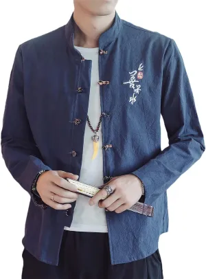 Chinese Traditional Clothing Retro Style Embroidered Men's Text Shirt Tang Suit Hanfu Lay Buddhist Zen Clothes Top