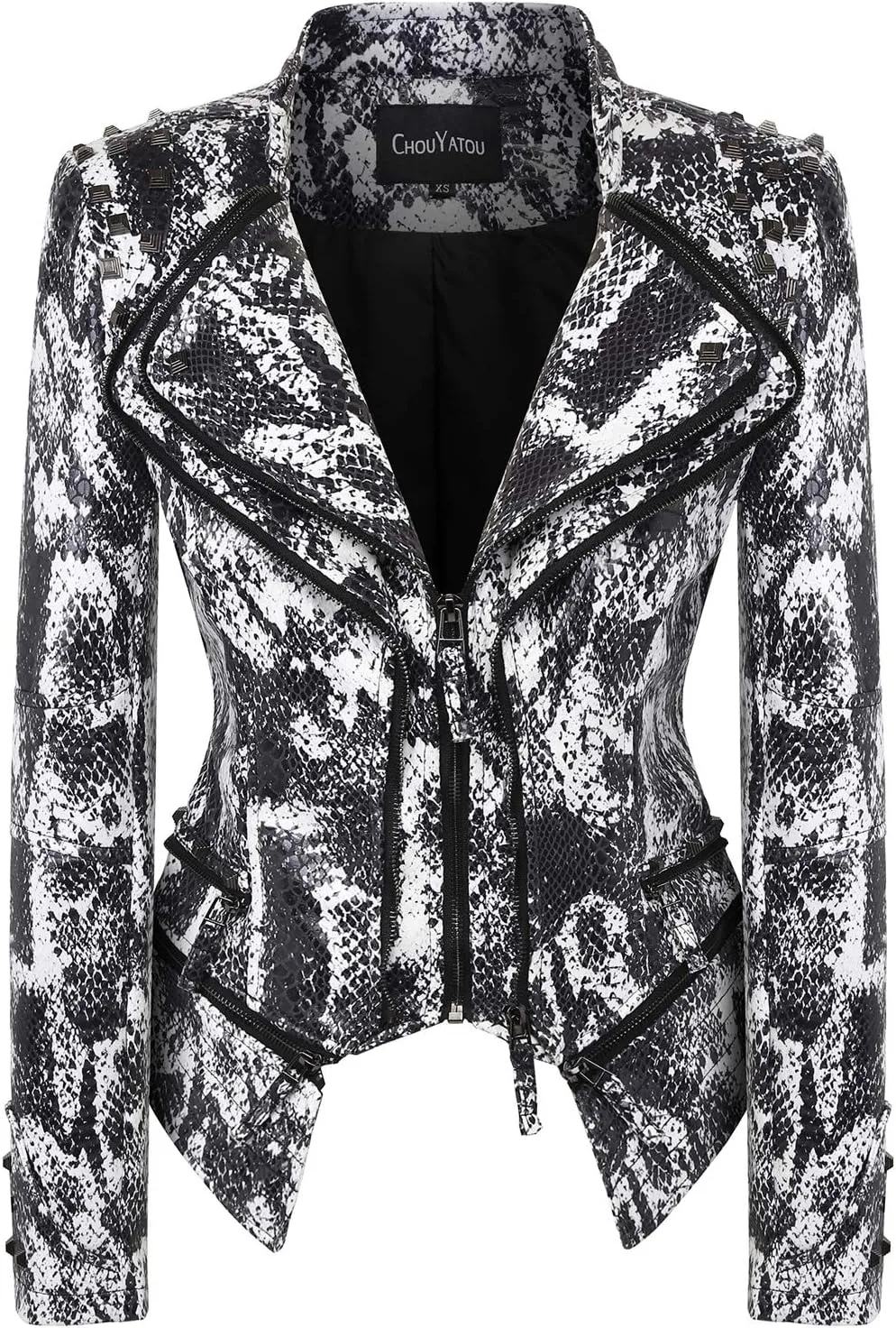 chouyatou Women's Fashion Snake Pattern Print Studded Moto Pu Leather Biker Jacket
