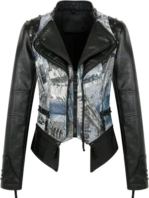 chouyatou Women's Fashion Snake Pattern Print Studded Moto Pu Leather Biker Jacket