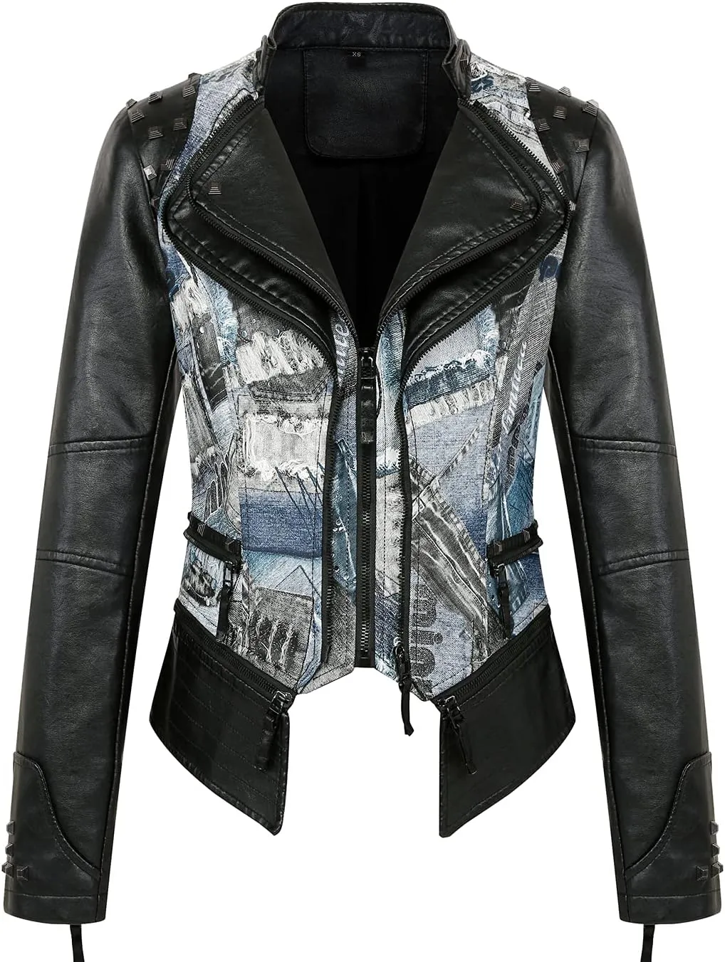 chouyatou Women's Fashion Snake Pattern Print Studded Moto Pu Leather Biker Jacket