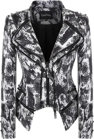 chouyatou Women's Fashion Snake Pattern Print Studded Moto Pu Leather Biker Jacket