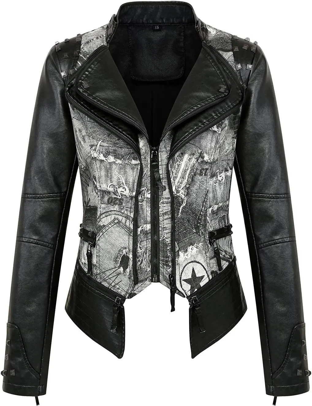 chouyatou Women's Fashion Snake Pattern Print Studded Moto Pu Leather Biker Jacket