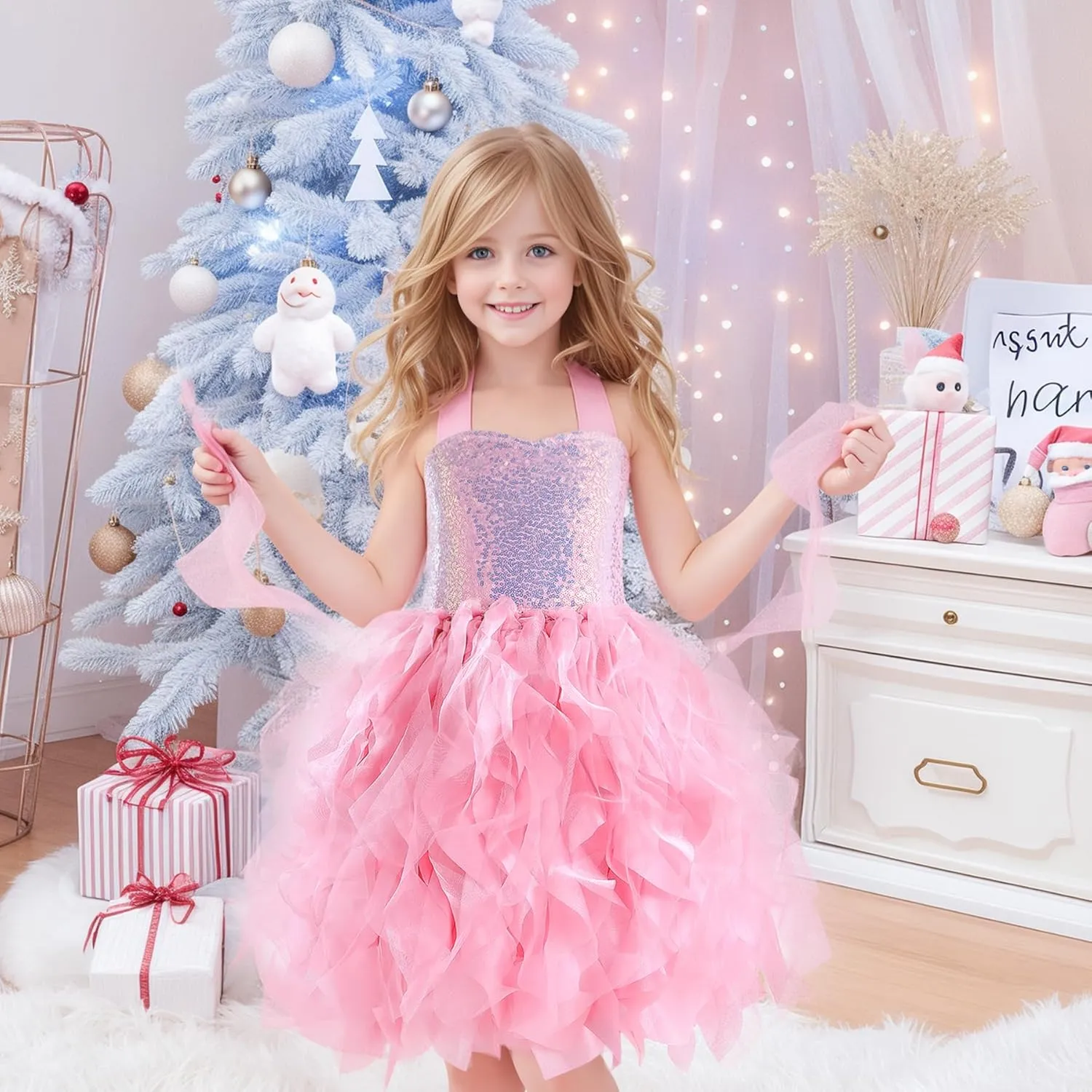 Christmas Tutu Dress for Girls Sequin Tulle Fairy Ball Dresses for Toddler Kid Little Girl Fancy Sparkly Birthday Outfit