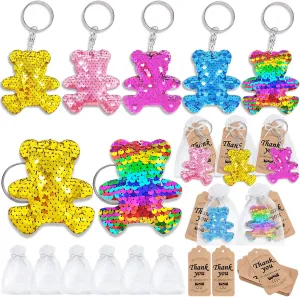 CiciBear 60 Pack Stuffed Bear Sequin Keychains Set with Bear Keychains, Thank You Tags and Gift Bags for Party Favors, Kids and Adults Birthday Gift, Baby Shower, School Carnival Rewards
