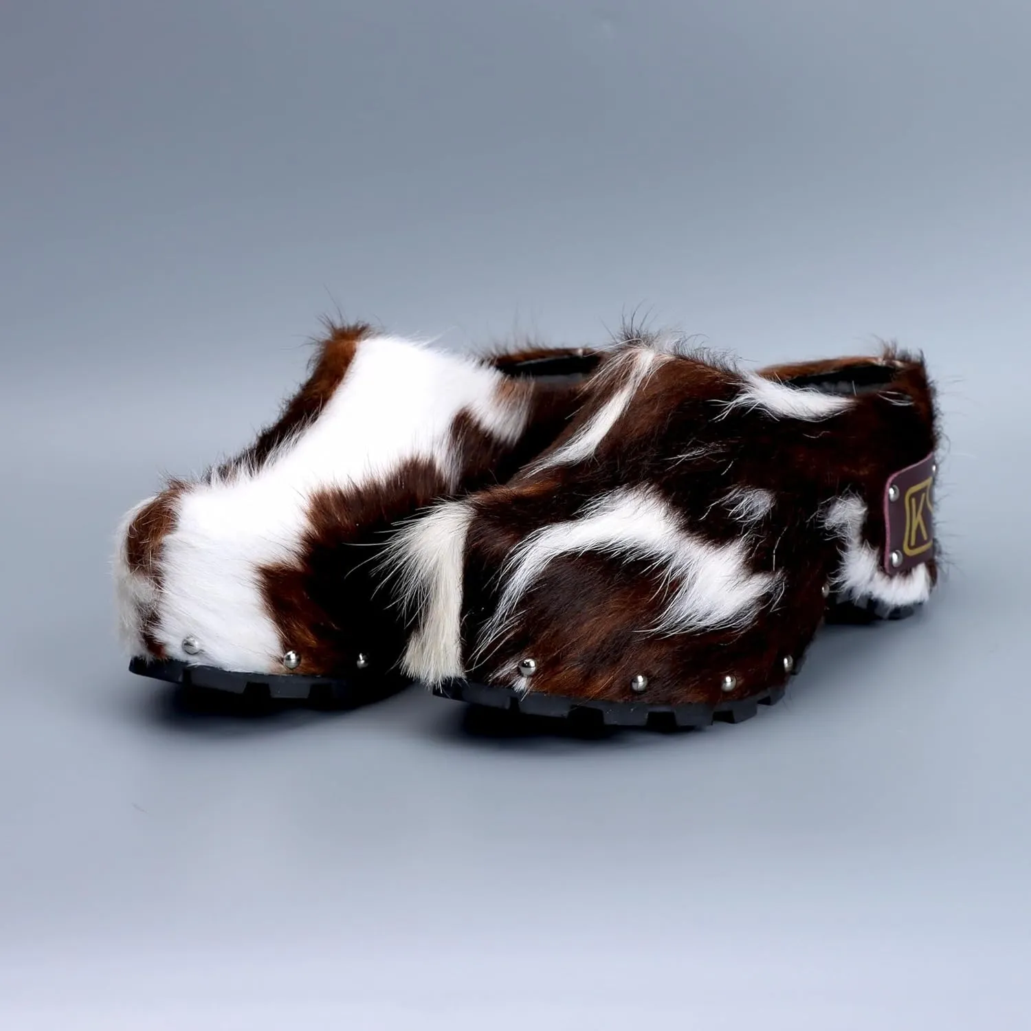 CKS Handmade Luxury Studded Platform Clogs with Natural Calf Hair, Leather Lining, Memory Foam Arch Support, Slip-On Rubber Outsole, Wide Fit for All-Day Comfort