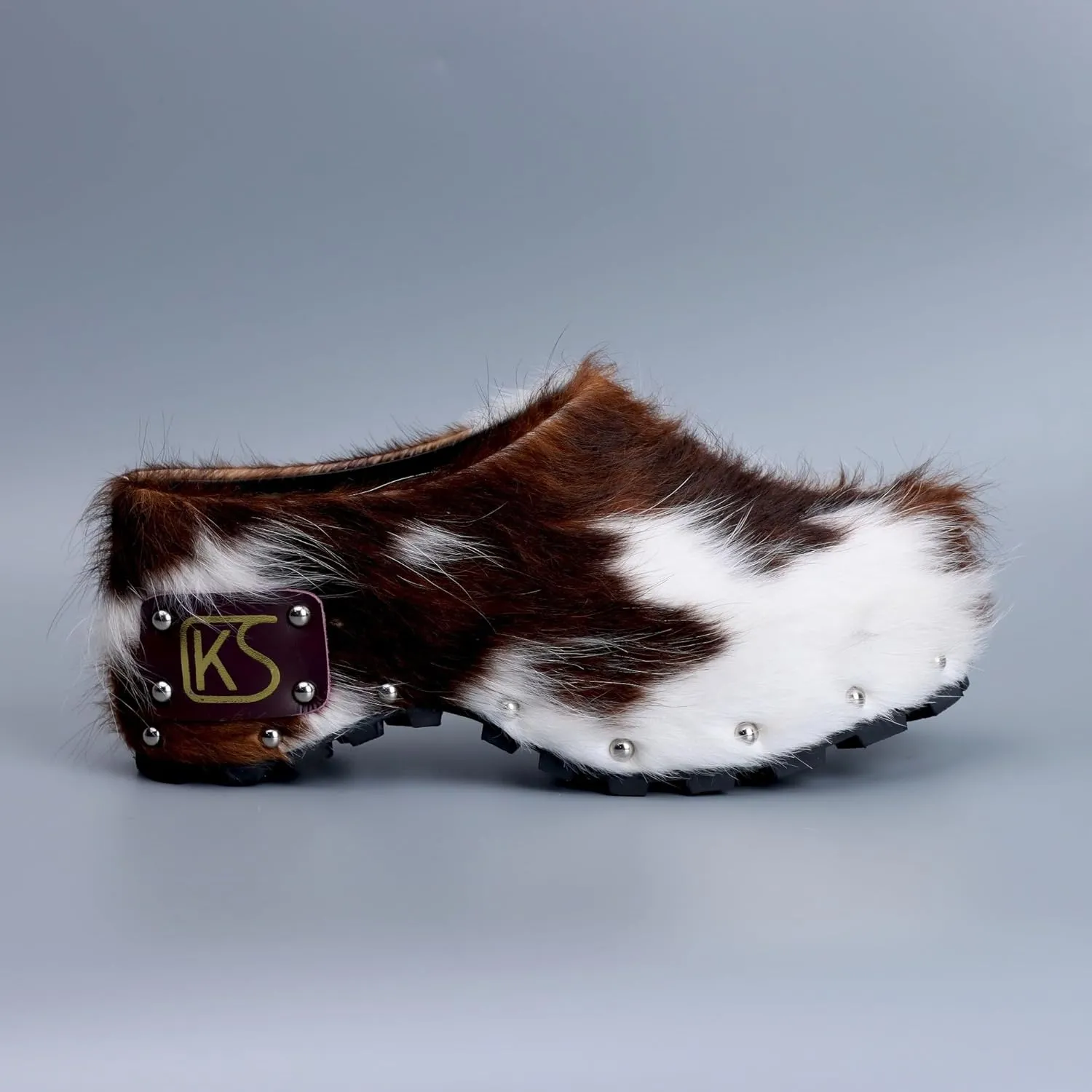CKS Handmade Luxury Studded Platform Clogs with Natural Calf Hair, Leather Lining, Memory Foam Arch Support, Slip-On Rubber Outsole, Wide Fit for All-Day Comfort
