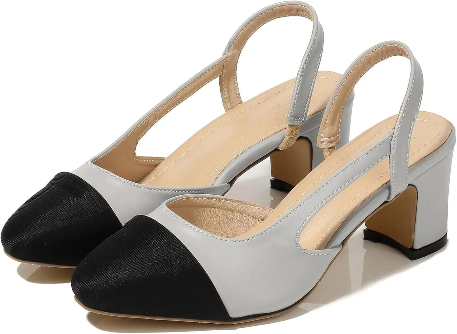 CKSNDLF Women Slingback Pumps Chunky High Heels Splicing Round Toe Comfortable Casual Wedding Shoes for Women Dress Shoes