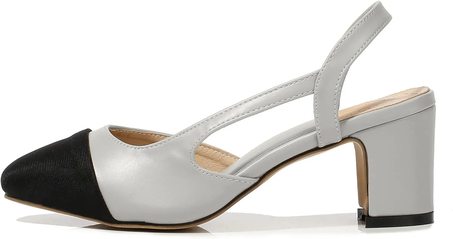 CKSNDLF Women Slingback Pumps Chunky High Heels Splicing Round Toe Comfortable Casual Wedding Shoes for Women Dress Shoes