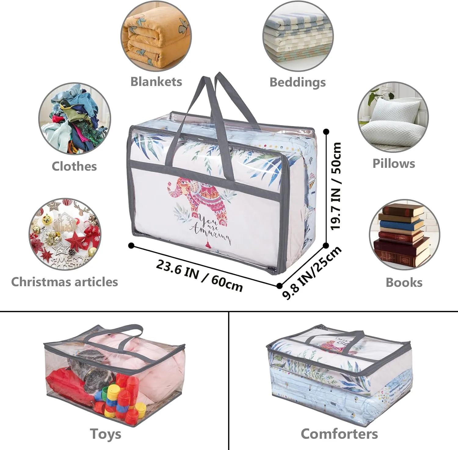 Clear Storage Bag with Dual Zippers & Handles, 75L Extra Large Capacity Vinyl Underbed Storage Organizer for Comforter, Blanket, Bedding, Clothes, Duvet, Sheet, Toys, 6 Pack, Grey